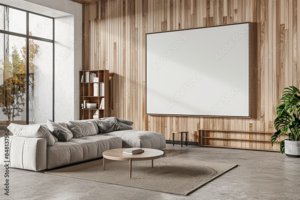 Mockup TV screen and couch in a cozy living room interior Mockup TV screen and couch in a cozy living room interior