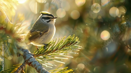 Golden-crowned Kinglet - A Golden-crowned Kinglet on a sunlit pine branch   photo