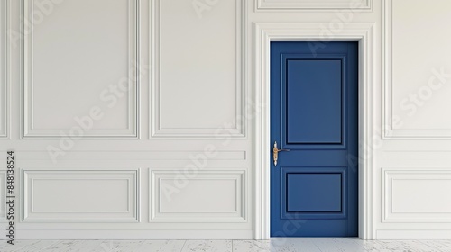A navy-colored door set against a white wall, adds a bold and stylish element to a room. © Kasorn