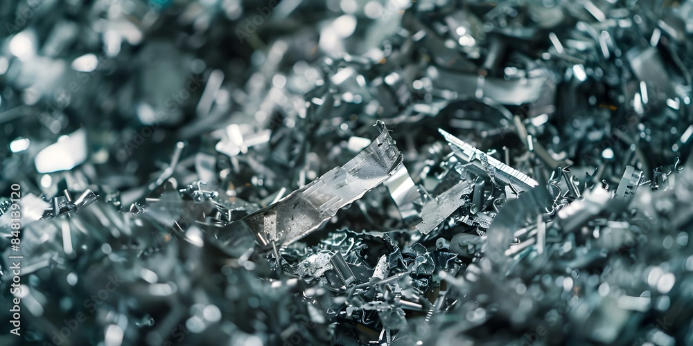 Shredding E-waste to Facilitate Efficient Material Extraction. Concept E-waste recycling, Sustainable practices, Material recovery, Electronic waste management, Green technology Shredding E-waste to Facilitate Efficient Material Extraction. Concept E-waste recycling, Sustainable practices, Material recovery, Electronic waste management, Green technology
