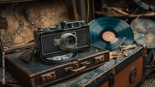 Vintage camera and vinyl records on a suitcase. Nostalgic collection of classic photography and music in a retro setting.