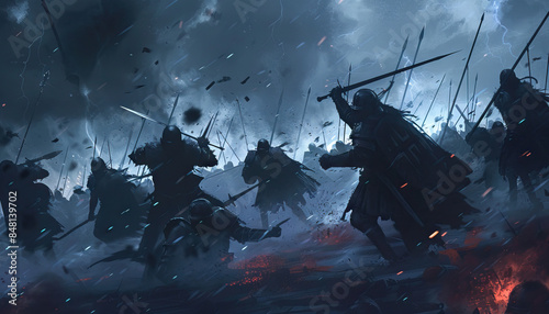 Amidst the chaos of battle, the advancing dark knights unleash their fury, their movements swift and precise as they clash with an opposing army under stormy skies