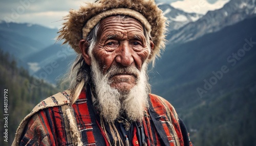 Portrait of a senior man close-up, elderly man, grandpa portrait. An elderly man in the mountains in traditional clothing and a hat.
