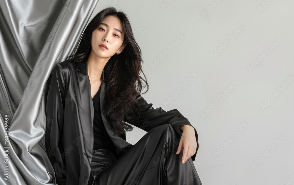 Beautiful asian fashion model in black casual silk attire and jacket, seated on silver fabric with a perfect posture Beautiful asian fashion model in black casual silk attire and jacket, seated on silver fabric with a perfect posture