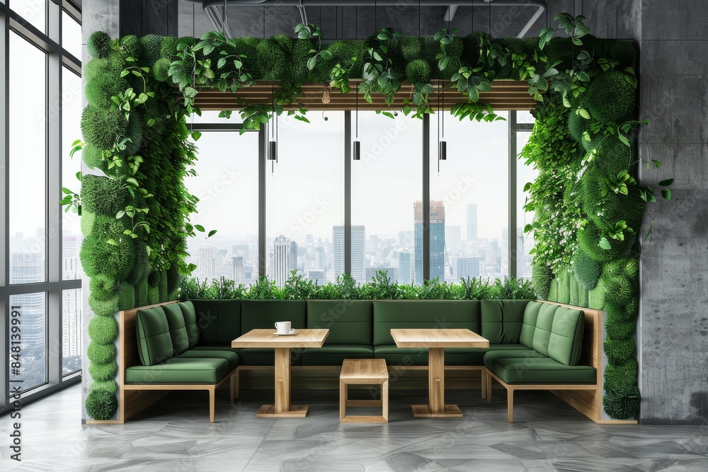 The interior of a stylish cafe features a row of chairs and sofas near a panoramic window The interior of a stylish cafe features a row of chairs and sofas near a panoramic window