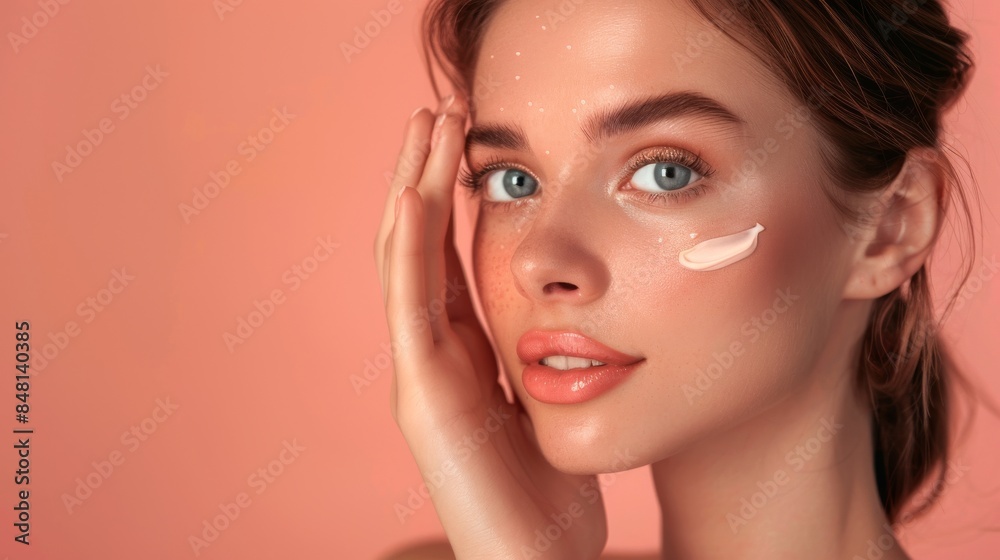 CG close-up of a woman's cheek with cream applied to it. Stock AI concept. CG close-up of a woman's cheek with cream applied to it. Stock AI concept.