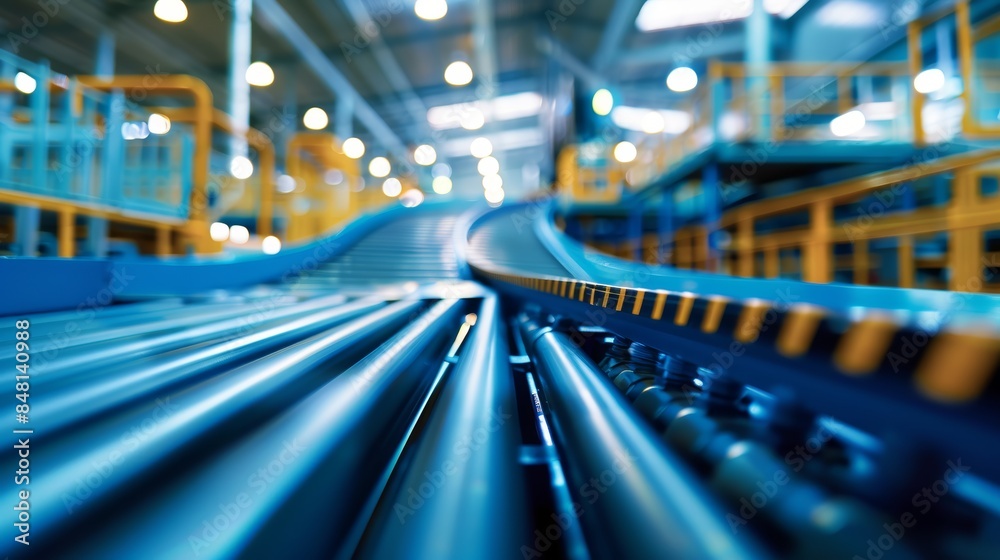 With a blue theme, a manufacturing automation conveyor belt moves in motion inside a factory. With a blue theme, a manufacturing automation conveyor belt moves in motion inside a factory.