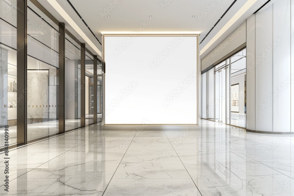 Advertisement concept, a white marble-floored street with a blank billboard. Stock AI. Advertisement concept, a white marble-floored street with a blank billboard. Stock AI.