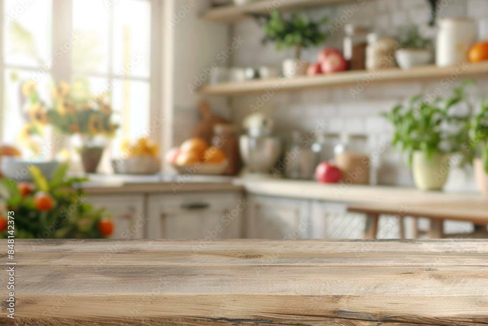 Blurred interior of a kitchen, with a space for eating and cooking. Mock-up table. Blurred interior of a kitchen, with a space for eating and cooking. Mock-up table.