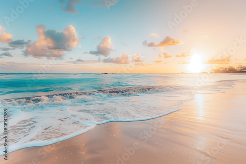 Sunset casts a pastel glow over a peaceful beach, waves moving in harmonious rhythm.