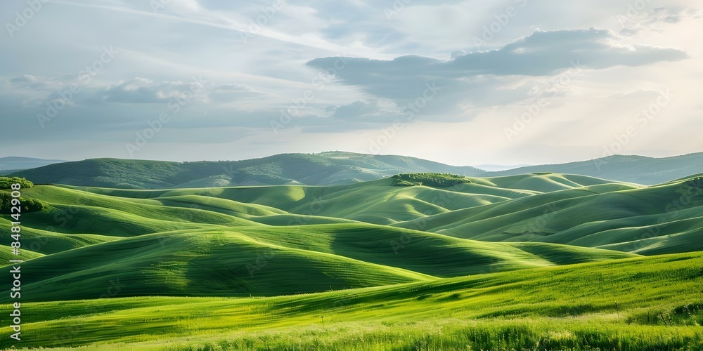 Green rolling hills under serene sky represent natures beauty and tranquility. Concept Nature, Beauty, Tranquility Green rolling hills under serene sky represent natures beauty and tranquility. Concept Nature, Beauty, Tranquility