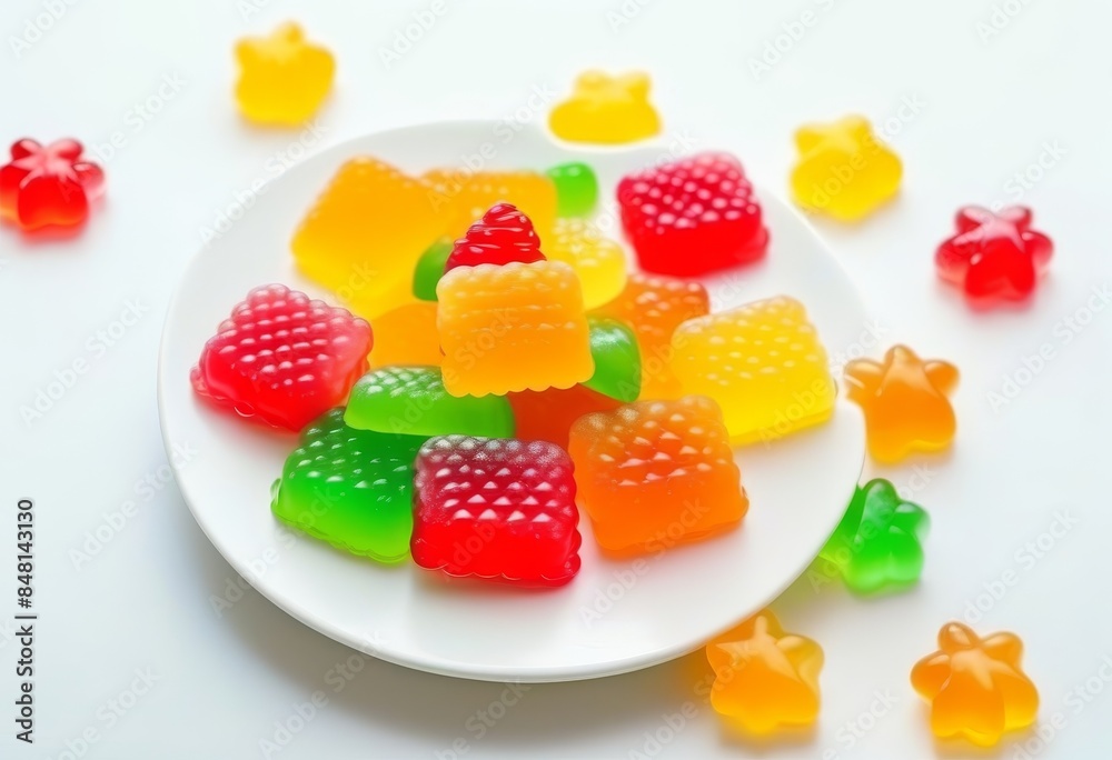 A close-up of a colorful, crispy jelly dessert on a white plate with a white table background A close-up of a colorful, crispy jelly dessert on a white plate with a white table background