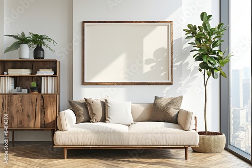 A corner view of the bright interior of a living room with a poster