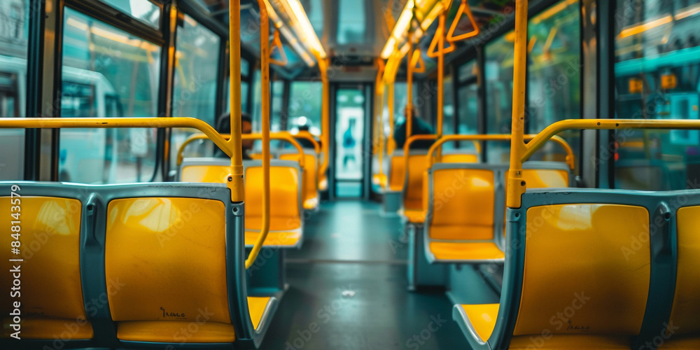 Fototapeta premium Unfilled bus seat potential for a comfortable and peaceful excursion with road background