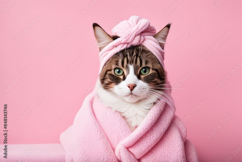 A Cat Is Wrapped In A Fluffy Pink Towel Against A Pink Background. Photo Of A Cat, Cat Photography, Cute Cat Photo, Cat Photo, Cat Design, Draped In Pink And Green Robes, Anthropomorphic Female Cat, A A Cat Is Wrapped In A Fluffy Pink Towel Against A Pink Background. Photo Of A Cat, Cat Photography, Cute Cat Photo, Cat Photo, Cat Design, Draped In Pink And Green Robes, Anthropomorphic Female Cat, A