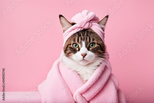 A Cat Is Wrapped In A Fluffy Pink Towel Against A Pink Background. Photo Of A Cat, Cat Photography, Cute Cat Photo, Cat Photo, Cat Design, Draped In Pink And Green Robes, Anthropomorphic Female Cat, A