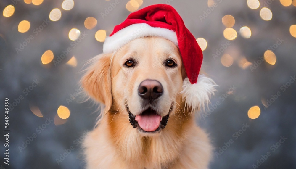 Adorable puppy in Santa's hat, Christmas lights. Merry Christmas, Happy New Year. Cute pet. Adorable puppy in Santa's hat, Christmas lights. Merry Christmas, Happy New Year. Cute pet.