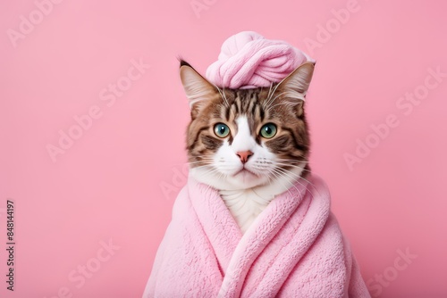 A Cat Is Wrapped In A Fluffy Pink Towel Against A Pink Background. Photo Of A Cat, Cat Photography, Cute Cat Photo, Cat Photo, Cat Design, Draped In Pink And Green Robes, Anthropomorphic Female Cat, A