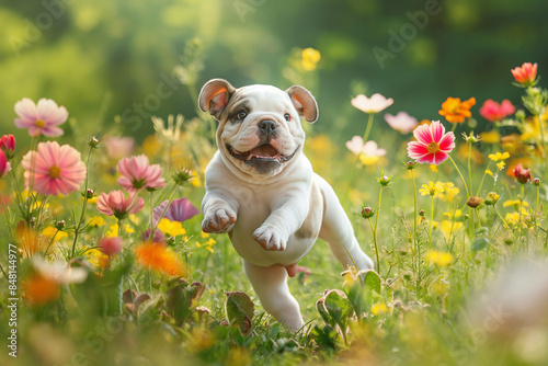 Happy Bulldog Puppy in Blooming Meadow