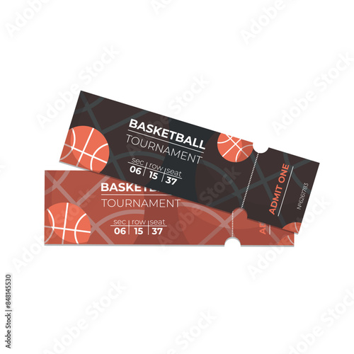 Vector Tickets isolated on white background. Basketball ticket card template. Card invitation, event and date, place sector. Ticket icon for website.