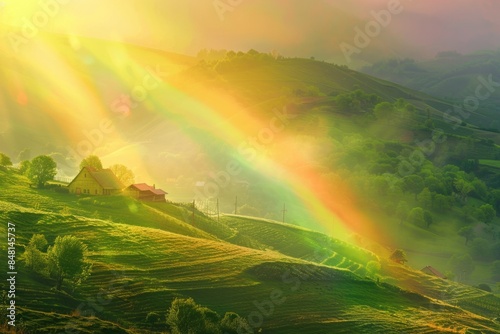 Beautiful Rainbow. Misty Hillside Landscape near Village at Sunrise