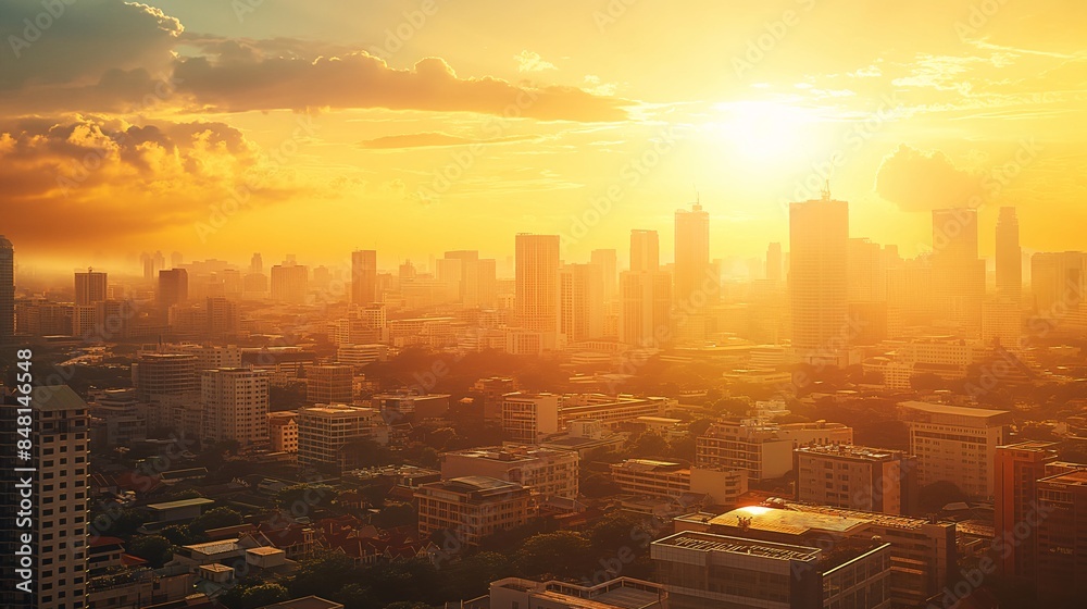 Obraz premium Urban cityscape during a golden sunset with glowing skyline, high-rise buildings, and warm light illuminating the city streets.