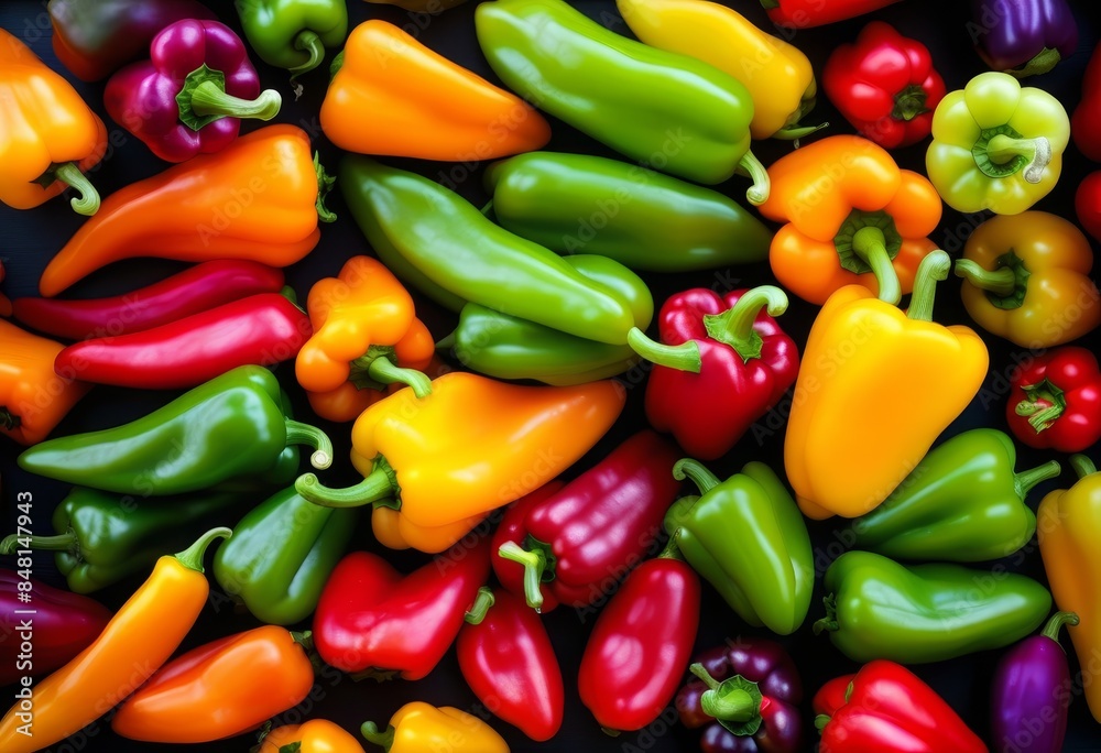 A still life arrangement of different colored bell peppers on a wooden table