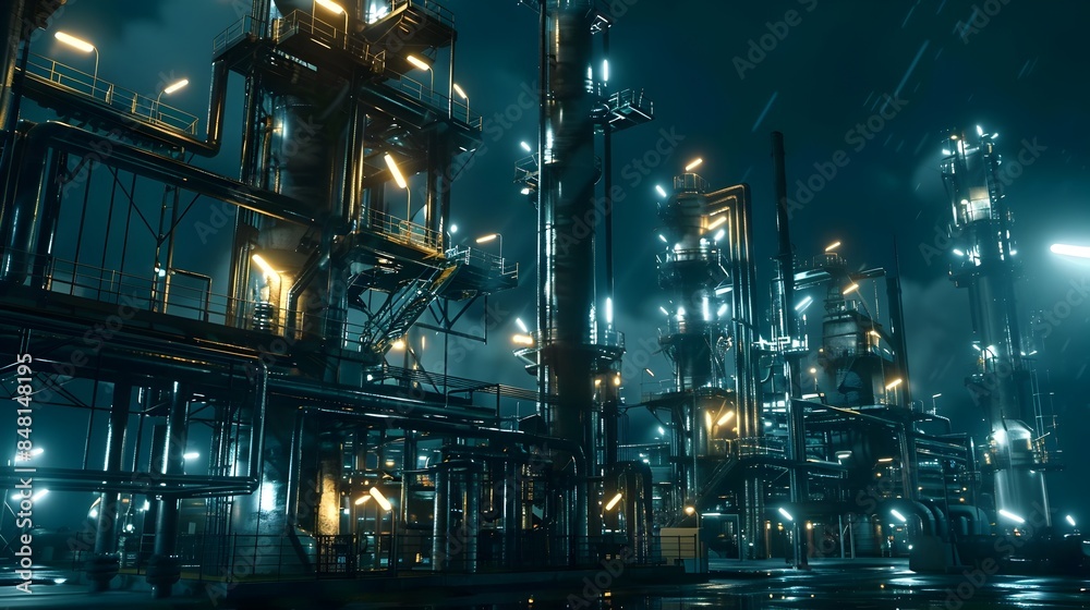 Nighttime Refinery with Glowing Lights and Detailed Infrastructure Nighttime Refinery with Glowing Lights and Detailed Infrastructure