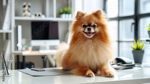 A fluffy Pomeranian sitting on a sleek office desk with high-tech gadgets, a light background with large windows, showcasing a modern, professional setting. 