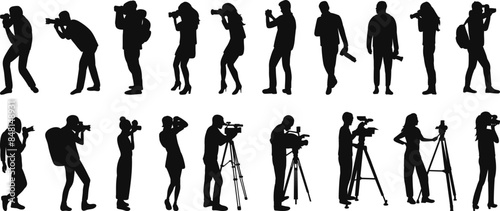 silhouette people taking pictures, man holding camera set on white background vector