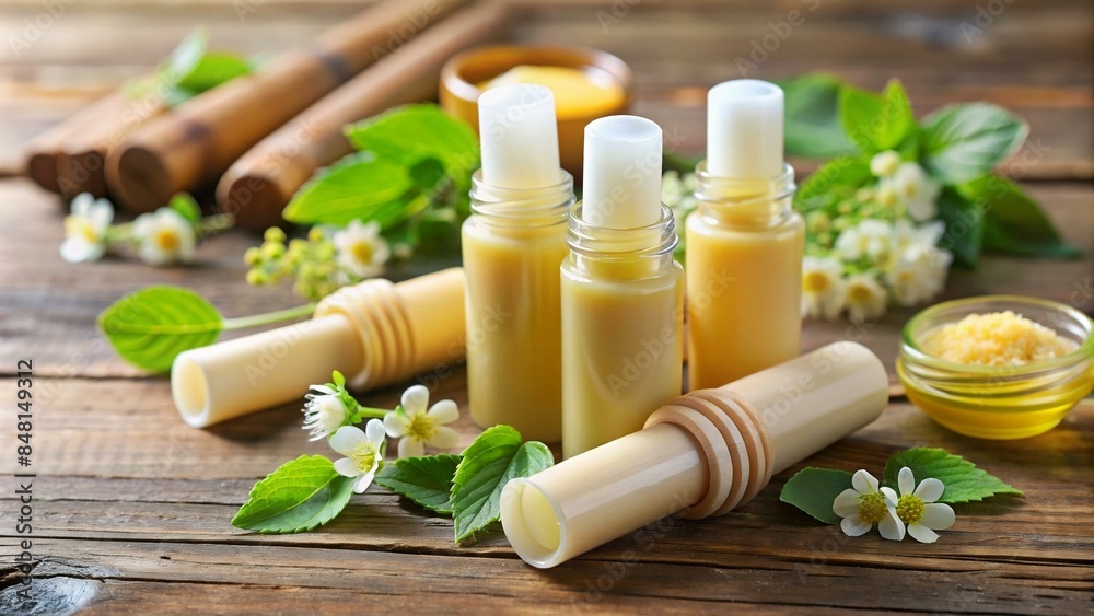Lip balm sticks with shea butter and honey, with a soft-focus on the ingredients. Lip balm sticks with shea butter and honey, with a soft-focus on the ingredients.