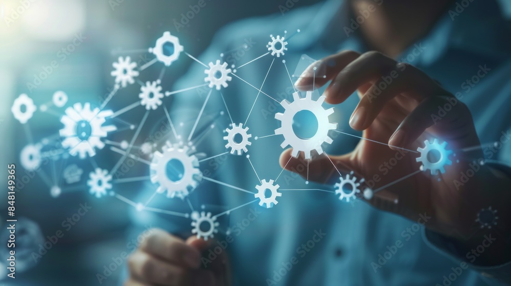 Hand touching digital gears, representing collaboration, innovation, and future tech integration in business. Hand touching digital gears, representing collaboration, innovation, and future tech integration in business.