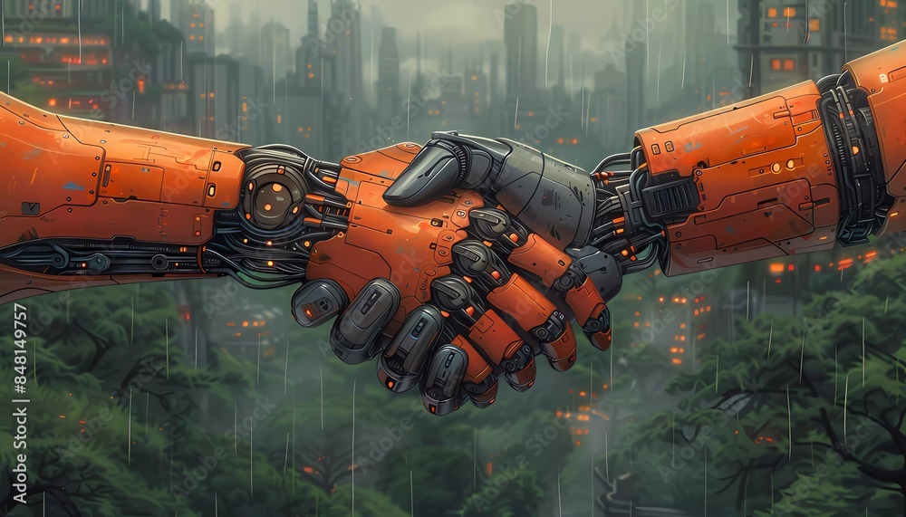 Smart Contract Negotiation, A handshake between human and robotic hands, Smart Contract Negotiation, A handshake between human and robotic hands,