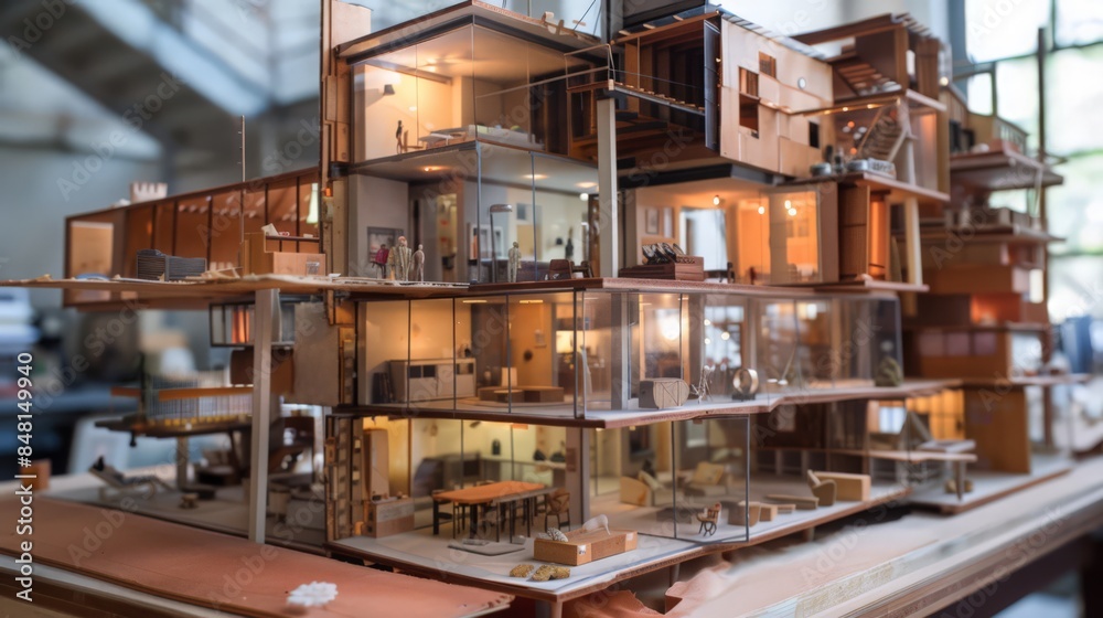A closer look at the building model reveals intricate interior spaces, each meticulously recreated to scale A closer look at the building model reveals intricate interior spaces, each meticulously recreated to scale