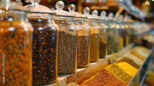 Various spices in glass jars and bags market
