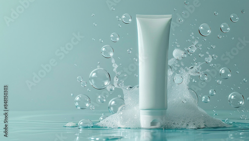 Mockup of facial cleansing foam in tube standing amidst splash of water and bubble on soft green background