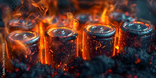 Batteries overheating and causing flames due to burning reaction. Concept Battery Safety, Overheating Hazards, Fire Prevention, Lithium-ion Risks, Flammable Reactions