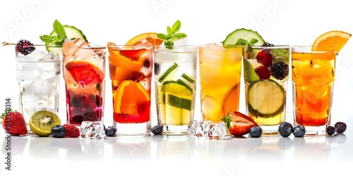 Refreshing Fruit Cocktails with Ice Cubes on a White Background. Concept Fruit Cocktails, Ice Cubes, Refreshing Beverages, White Background, Summer Drinks