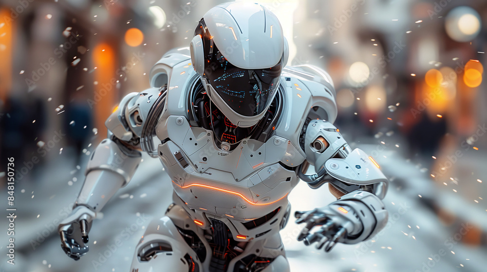 Futuristic robot running along a city street on blurred background with Christmas lights bokeh. Futuristic robot running along a city street on blurred background with Christmas lights bokeh.