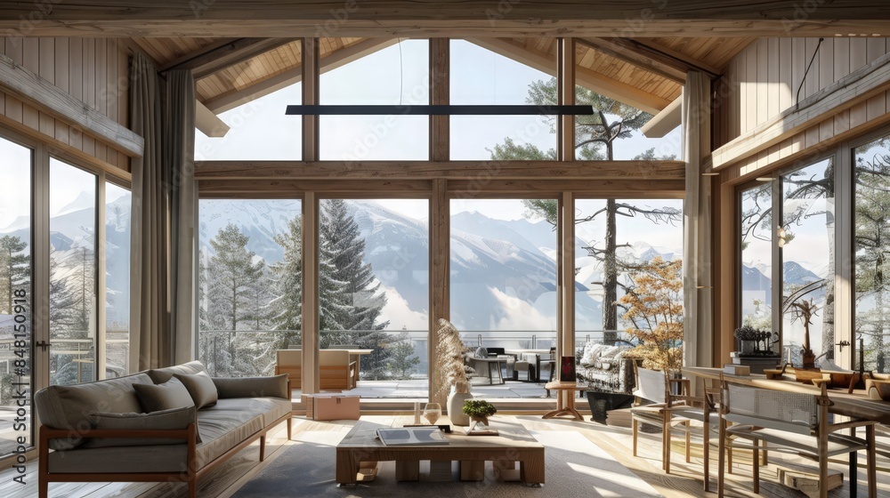 A mountain house model with a chalet design, wooden interiors, and large windows overlooking the landscape A mountain house model with a chalet design, wooden interiors, and large windows overlooking the landscape