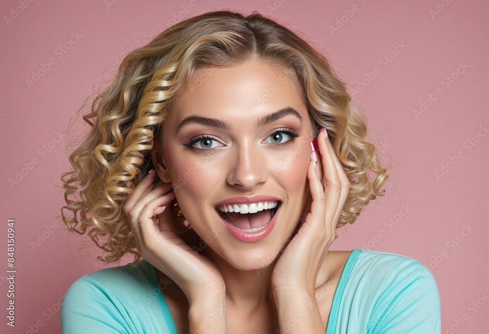 happy, excited young female with blonde hair