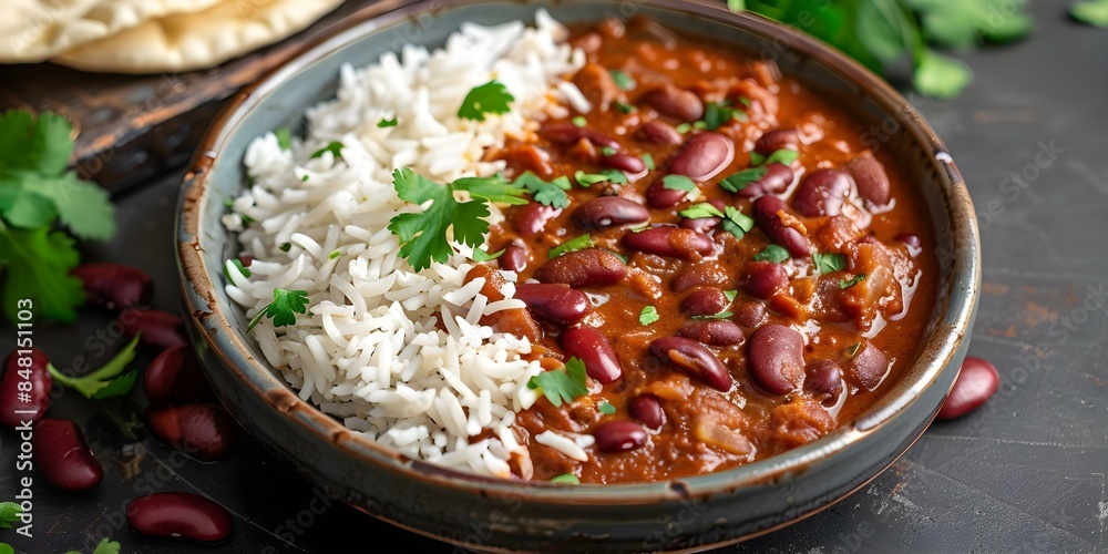 Front view of rajma chawal plate with kidney beans curry and rice. Concept Food Photography, Indian Cuisine, Vegetarian Meal, Rice and Beans Dish, Traditional Recipe Front view of rajma chawal plate with kidney beans curry and rice. Concept Food Photography, Indian Cuisine, Vegetarian Meal, Rice and Beans Dish, Traditional Recipe