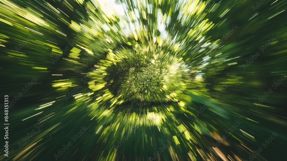 Obraz premium Abstract motion blur effect with green foliage creating a dynamic, vibrant, and energetic visual experience in a forest setting.