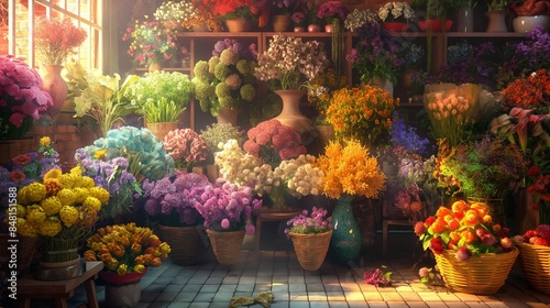 A digital 3D florist shop with an array of colorful flowers in vases, baskets, and arrangements under a soft, ambient lighting.