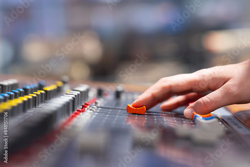 Closeup of audio mixer control panel