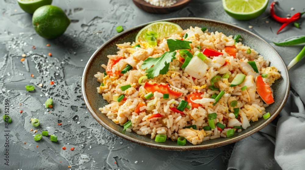 A plate of Thai crab fried rice with chunks of fresh crab meat, eggs, and green onions, served with lime wedges A plate of Thai crab fried rice with chunks of fresh crab meat, eggs, and green onions, served with lime wedges