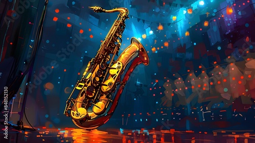 A colorful abstract illustration of a gold tenor saxophone with musical notes