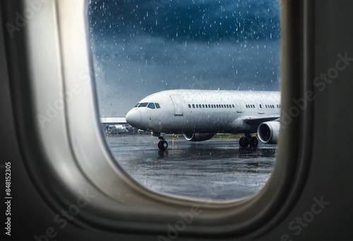 Passenger airplane at airport. View part of plane through window. Generative AI