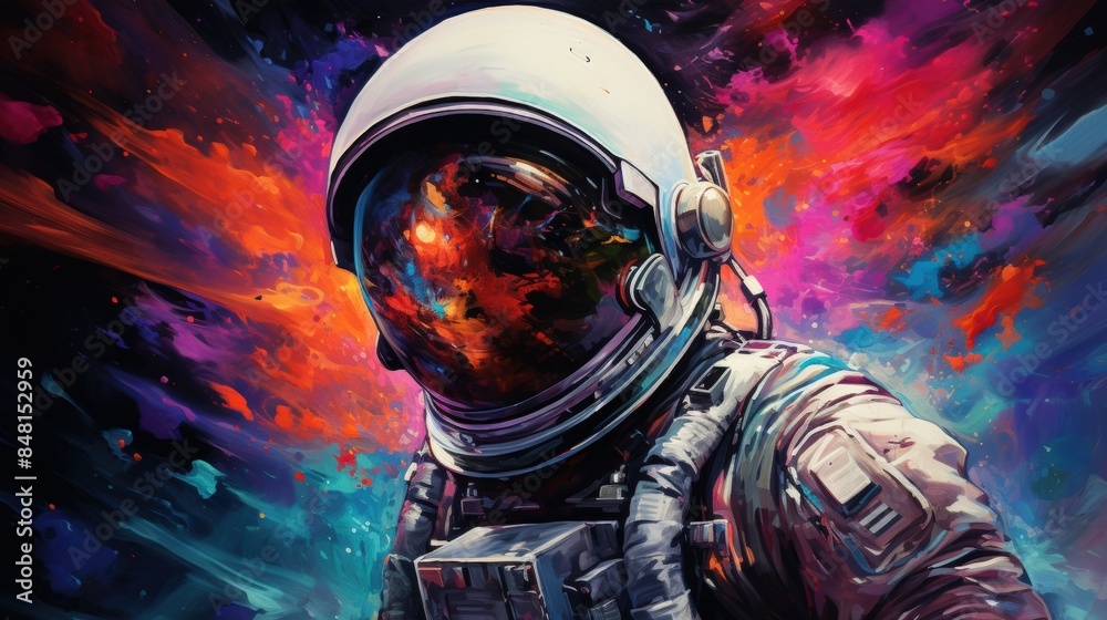 Vivid illustration of an astronaut in space with a colorful cosmic background, blending the beauty of space and imagination. Vivid illustration of an astronaut in space with a colorful cosmic background, blending the beauty of space and imagination.