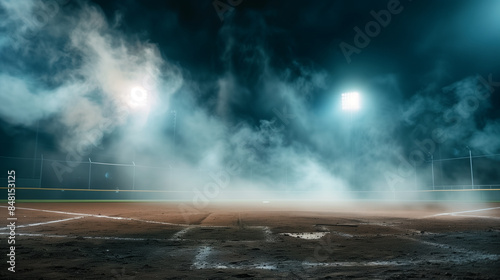 A baseball field with a foggy atmosphere. The field is empty and the lights are on